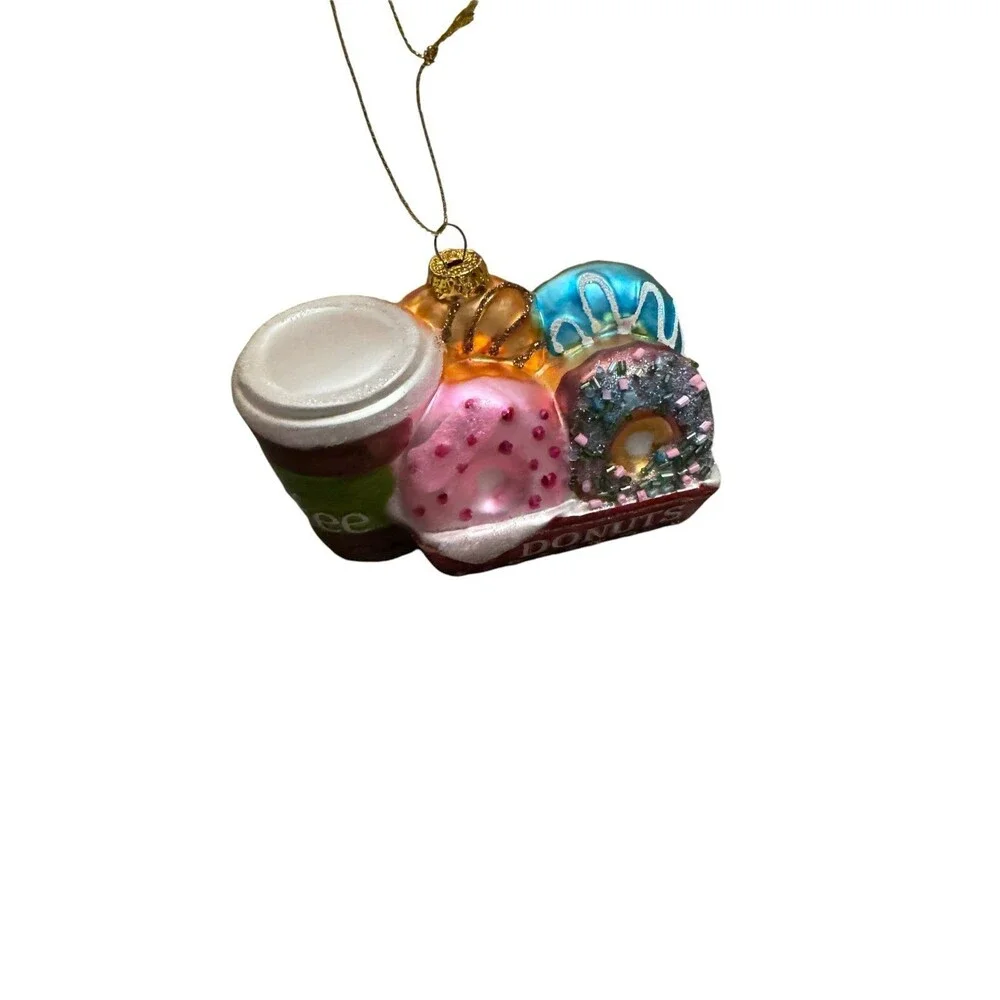 Macy’s Holiday New Glass Donuts In Box w/Coffee Cup Christmas Ornament 5